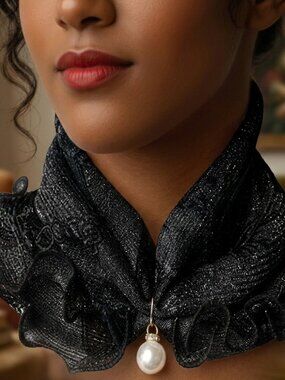 Black Ruffle Mesh Scarf Pearl Accent Neck Wrap